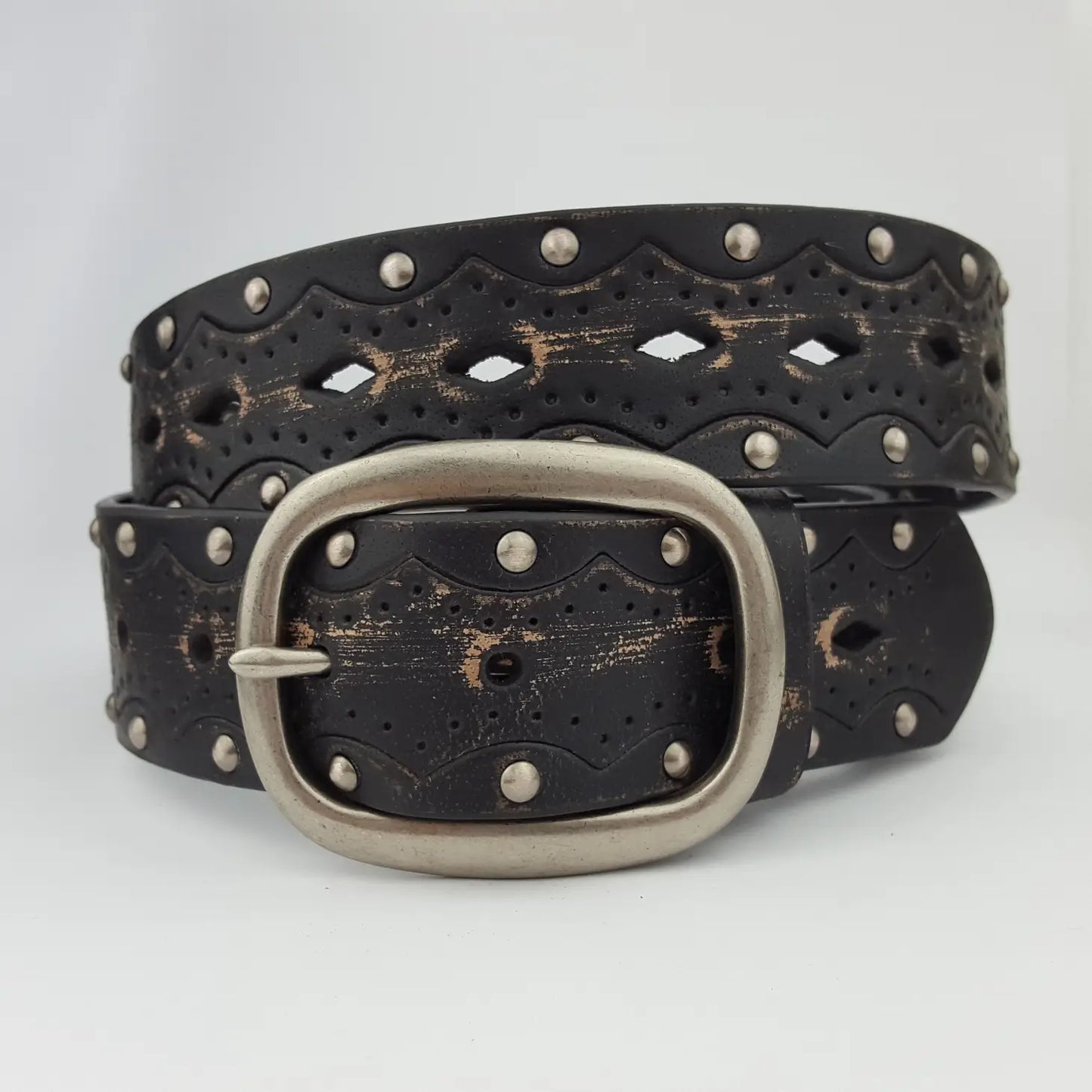 Hand Distressed Leather Studded Belt