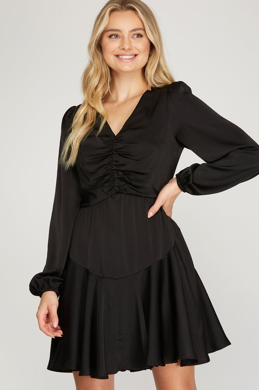 Long Sleeve Satin Ruched Dress