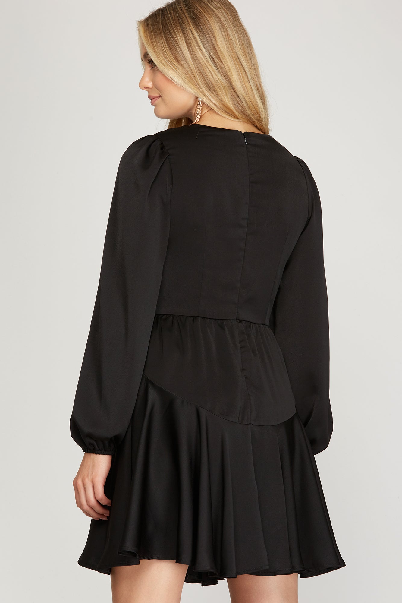 Long Sleeve Satin Ruched Dress