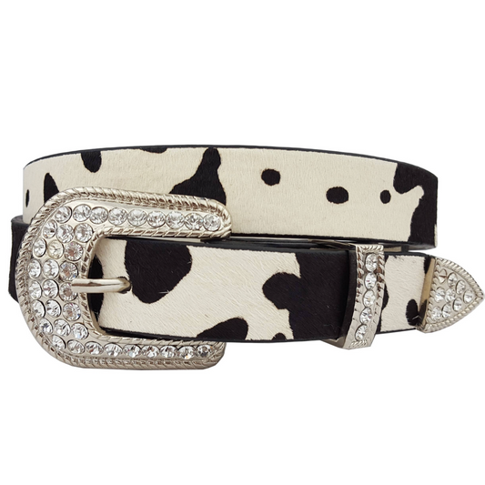 Cow Print Belt with Gem Buckle