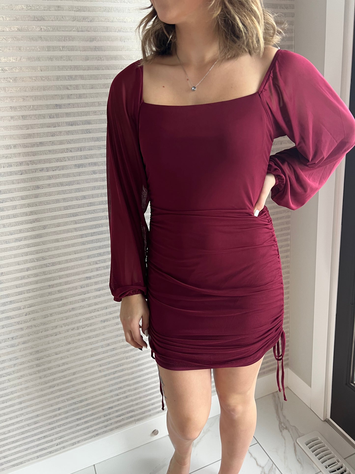 Long Sleeve Ruched Mini Dress